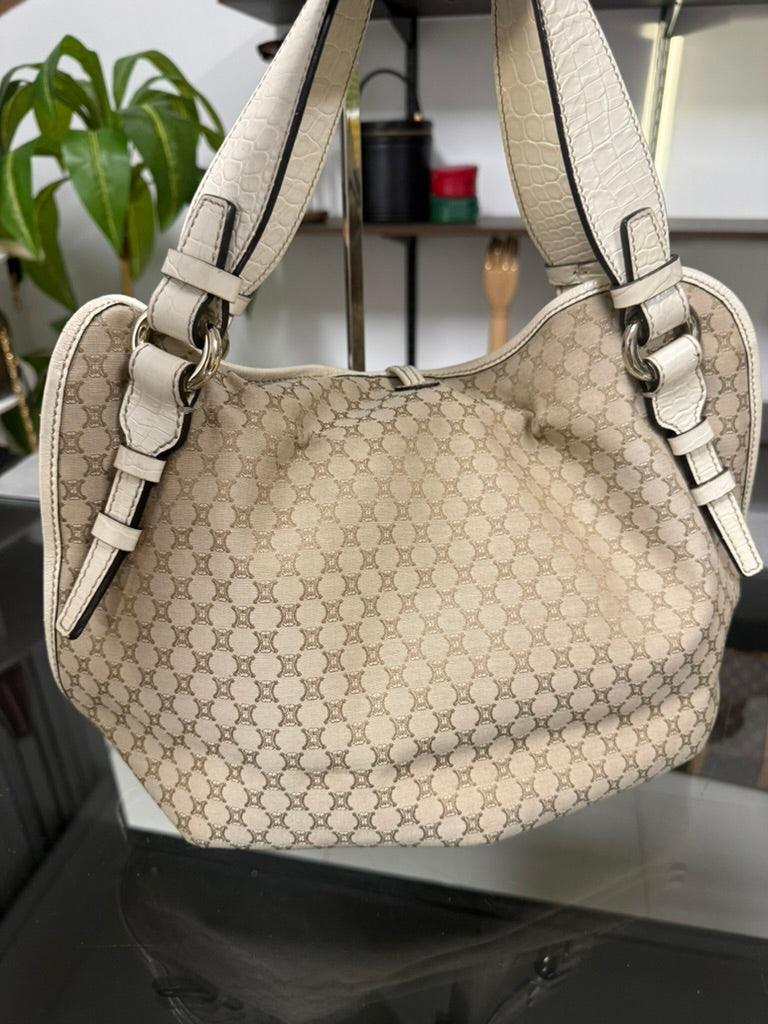 Vintage Celine Macadam Tassel Handbag in Beige Canvas and Ivory Croc-Embossed Leather