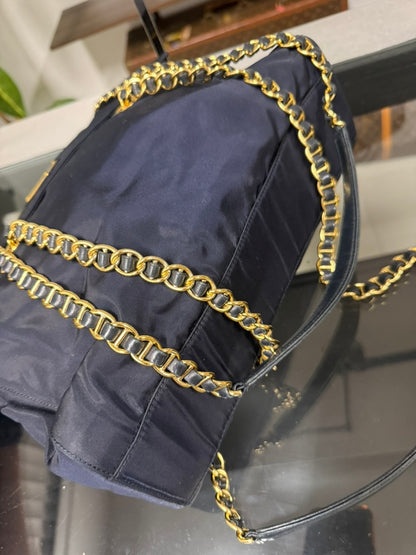 Vintage 1995 Prada Tessuto Catena Navy Blue Nylon Chain Shoulder Bag 240-9