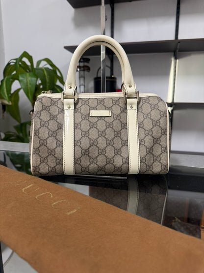Gucci GG Mini Boston Supreme Handbag Beige Canvas White Patent Leather
