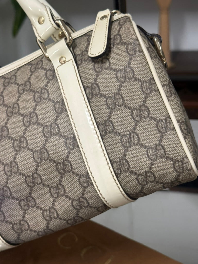 Gucci GG Mini Boston Supreme Handbag Beige Canvas White Patent Leather