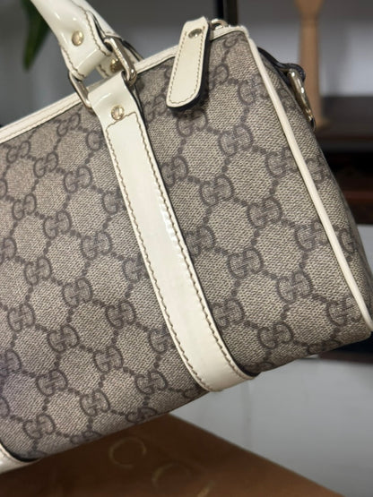 Gucci GG Mini Boston Supreme Handbag Beige Canvas White Patent Leather