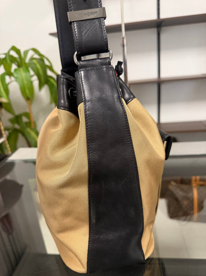Saint Laurent Beige and Black Nylon Leather Shoulder Bag YSL