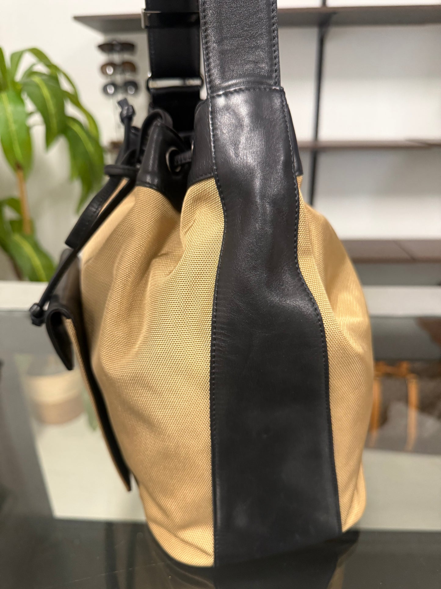 Saint Laurent Beige and Black Nylon Leather Shoulder Bag YSL