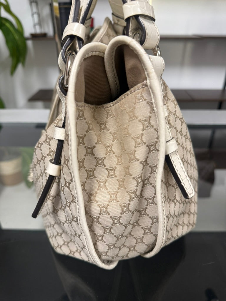 Vintage Celine Macadam Tassel Handbag in Beige Canvas and Ivory Croc-Embossed Leather