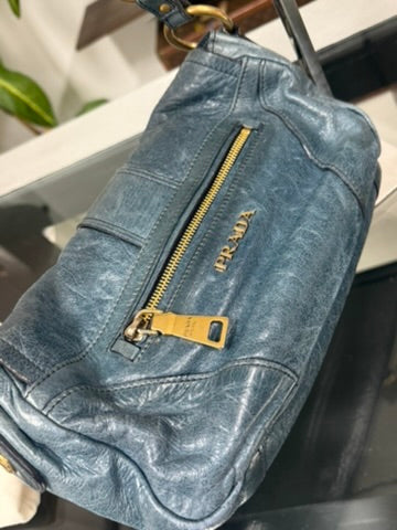 Prada Blue Leather Chain Shoulder Bag with Gold-Tone Hardware