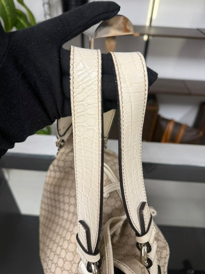 Vintage Celine Macadam Tassel Handbag in Beige Canvas and Ivory Croc-Embossed Leather