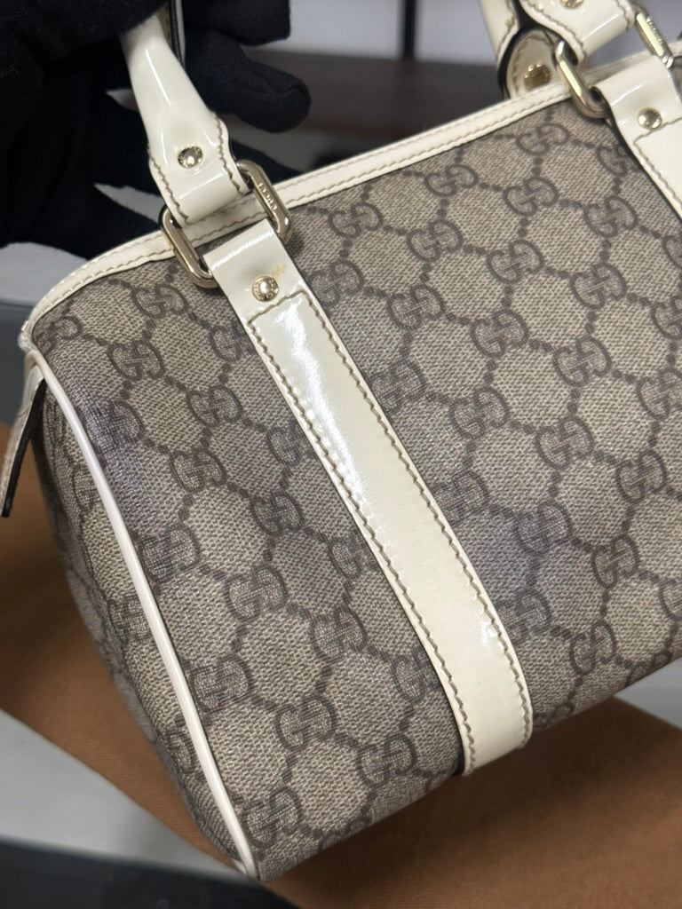 Gucci GG Mini Boston Supreme Handbag Beige Canvas White Patent Leather