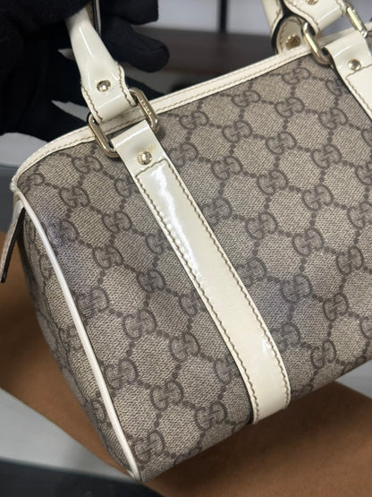 Gucci GG Mini Boston Supreme Handbag Beige Canvas White Patent Leather