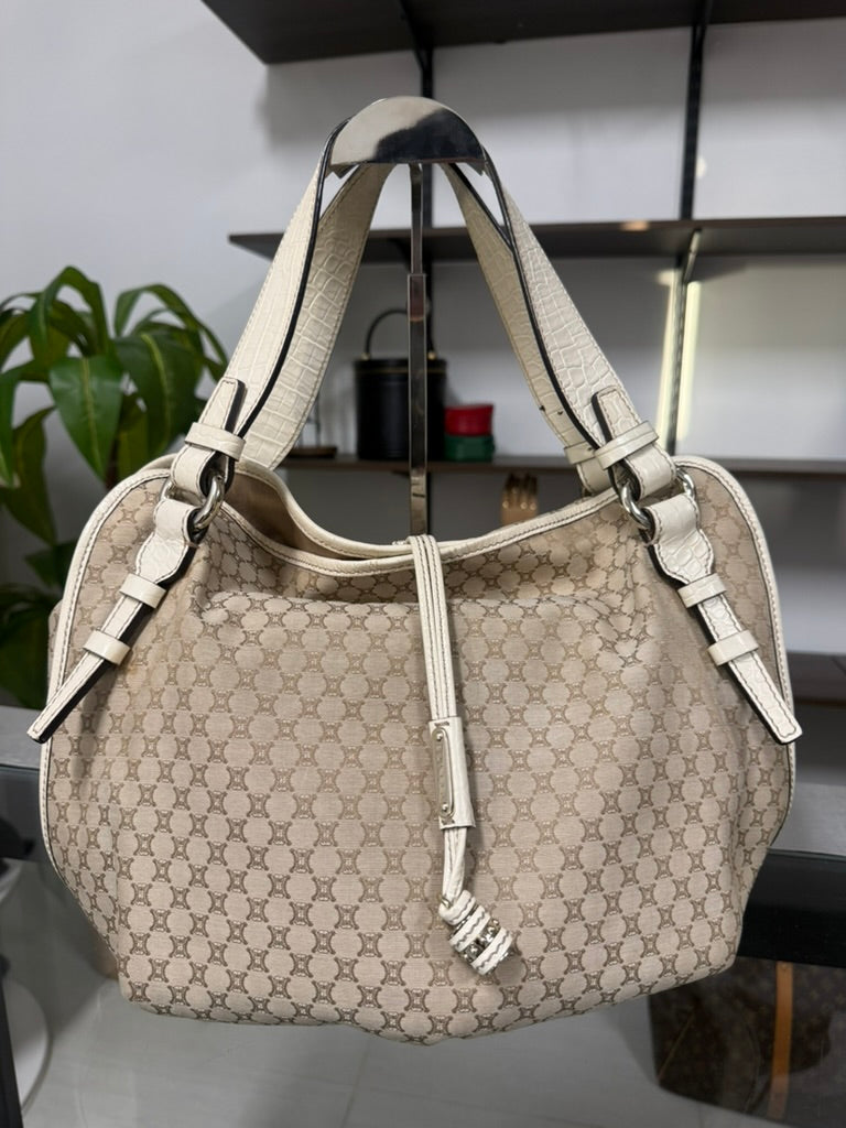 Vintage Celine Macadam Tassel Handbag in Beige Canvas and Ivory Croc-Embossed Leather