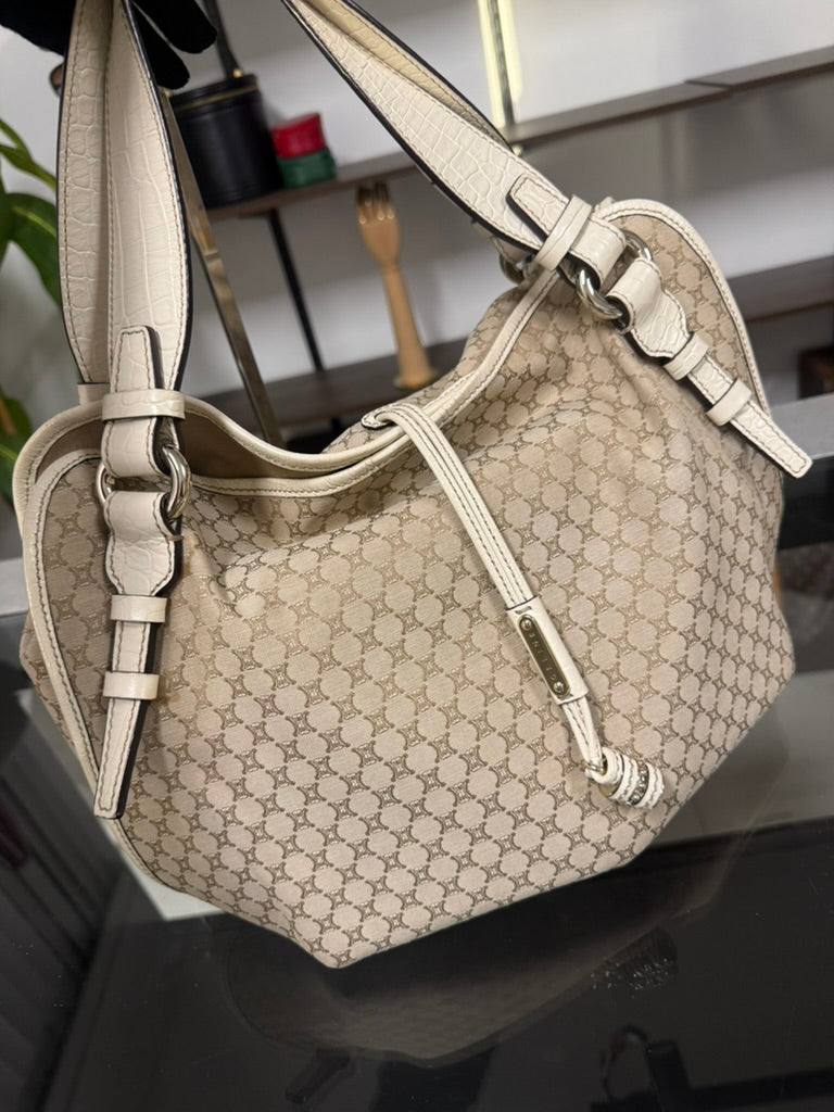 Vintage Celine Macadam Tassel Handbag in Beige Canvas and Ivory Croc-Embossed Leather