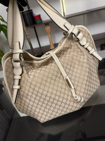 Vintage Celine Macadam Tassel Handbag in Beige Canvas and Ivory Croc-Embossed Leather