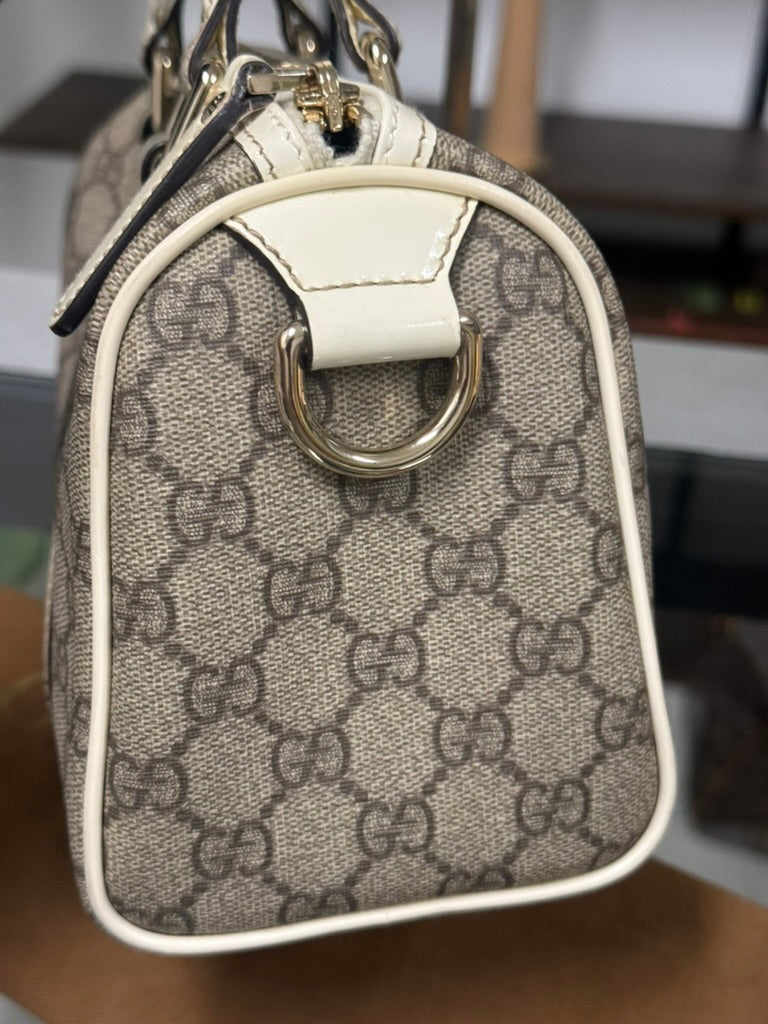 Gucci GG Mini Boston Supreme Handbag Beige Canvas White Patent Leather