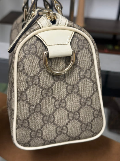 Gucci GG Mini Boston Supreme Handbag Beige Canvas White Patent Leather