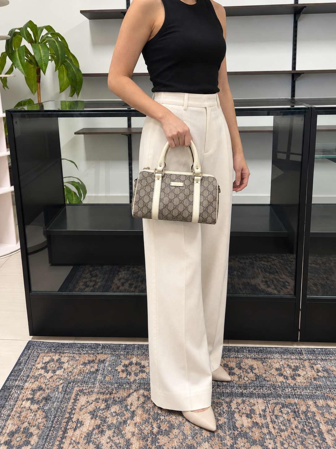 Gucci GG Mini Boston Supreme Handbag Beige Canvas White Patent Leather
