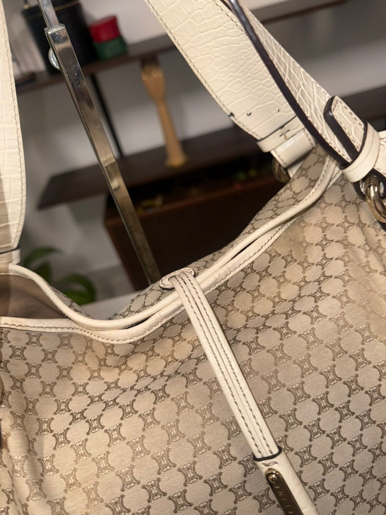 Vintage Celine Macadam Tassel Handbag in Beige Canvas and Ivory Croc-Embossed Leather