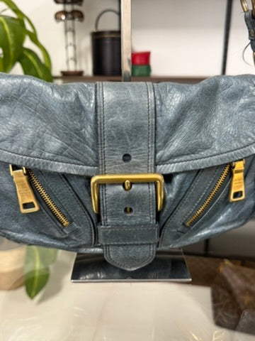 Prada Blue Leather Chain Shoulder Bag with Gold-Tone Hardware
