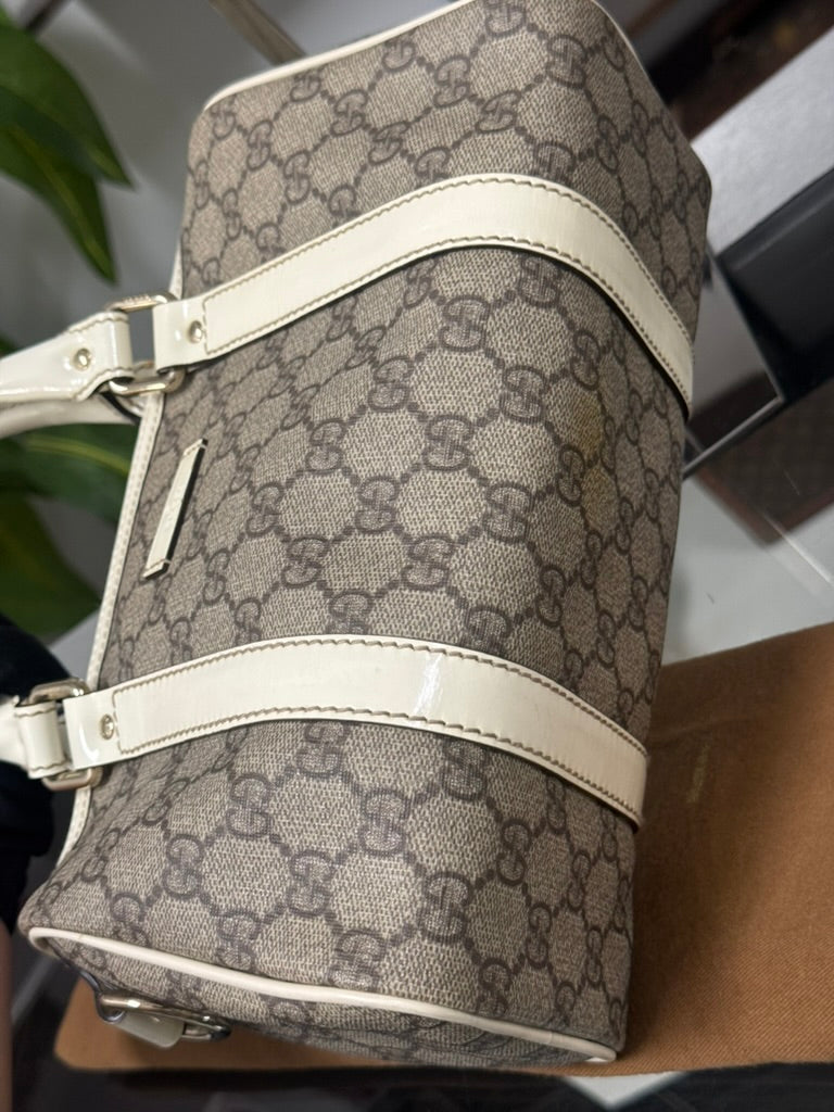 Gucci GG Mini Boston Supreme Handbag Beige Canvas White Patent Leather