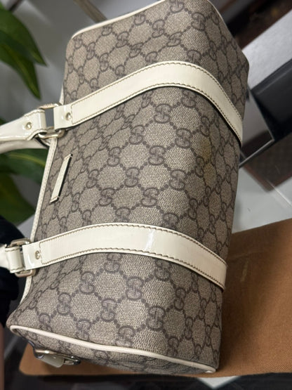 Gucci GG Mini Boston Supreme Handbag Beige Canvas White Patent Leather