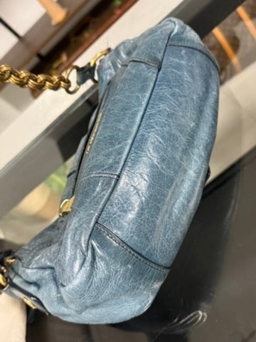 Prada Blue Leather Chain Shoulder Bag with Gold-Tone Hardware