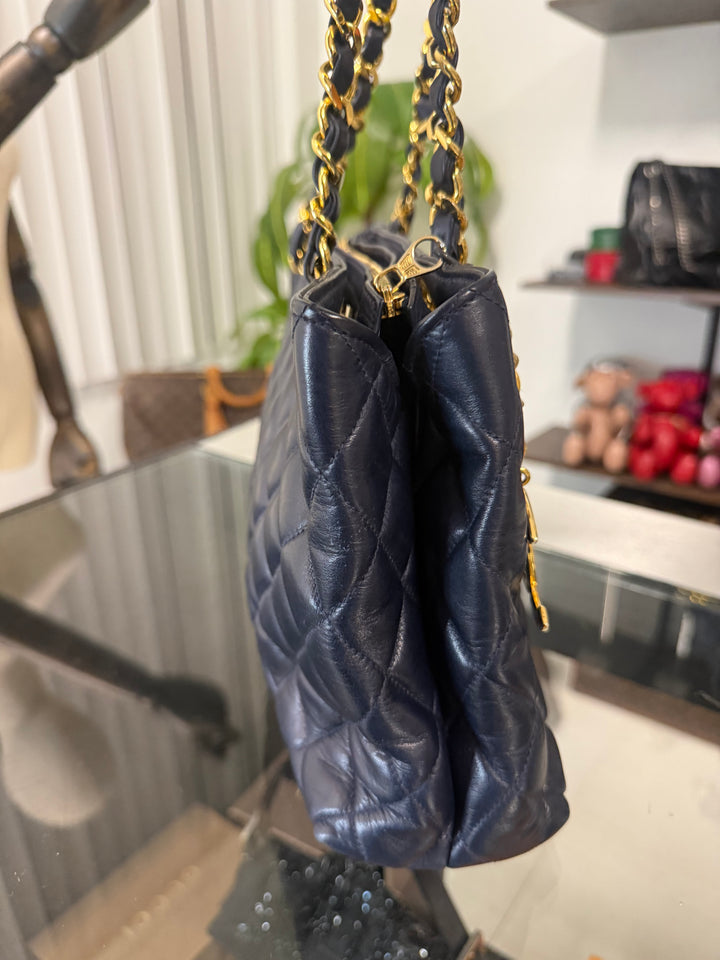 Quilted Lambskin Navy Blue Leather Zip Shoulder Bag circa 1989–1991