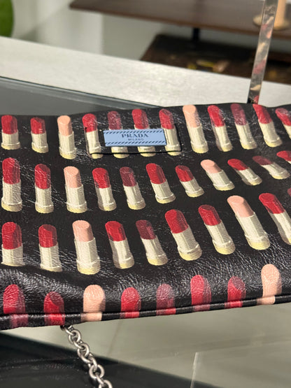 Prada Lipstick Print Black and Red Leather Clutch Chain Shoulder Bag 1BF060