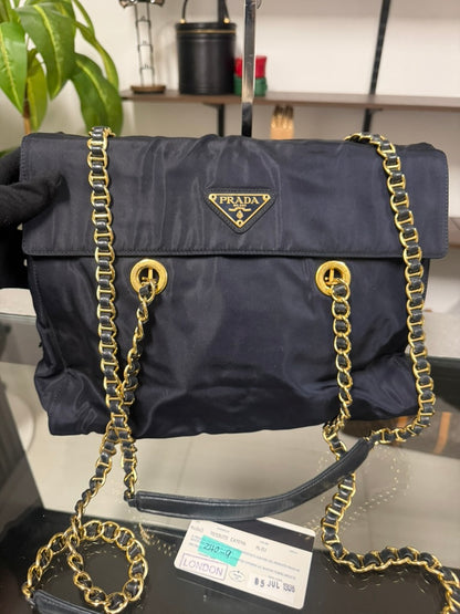 Vintage 1995 Prada Tessuto Catena Navy Blue Nylon Chain Shoulder Bag 240-9