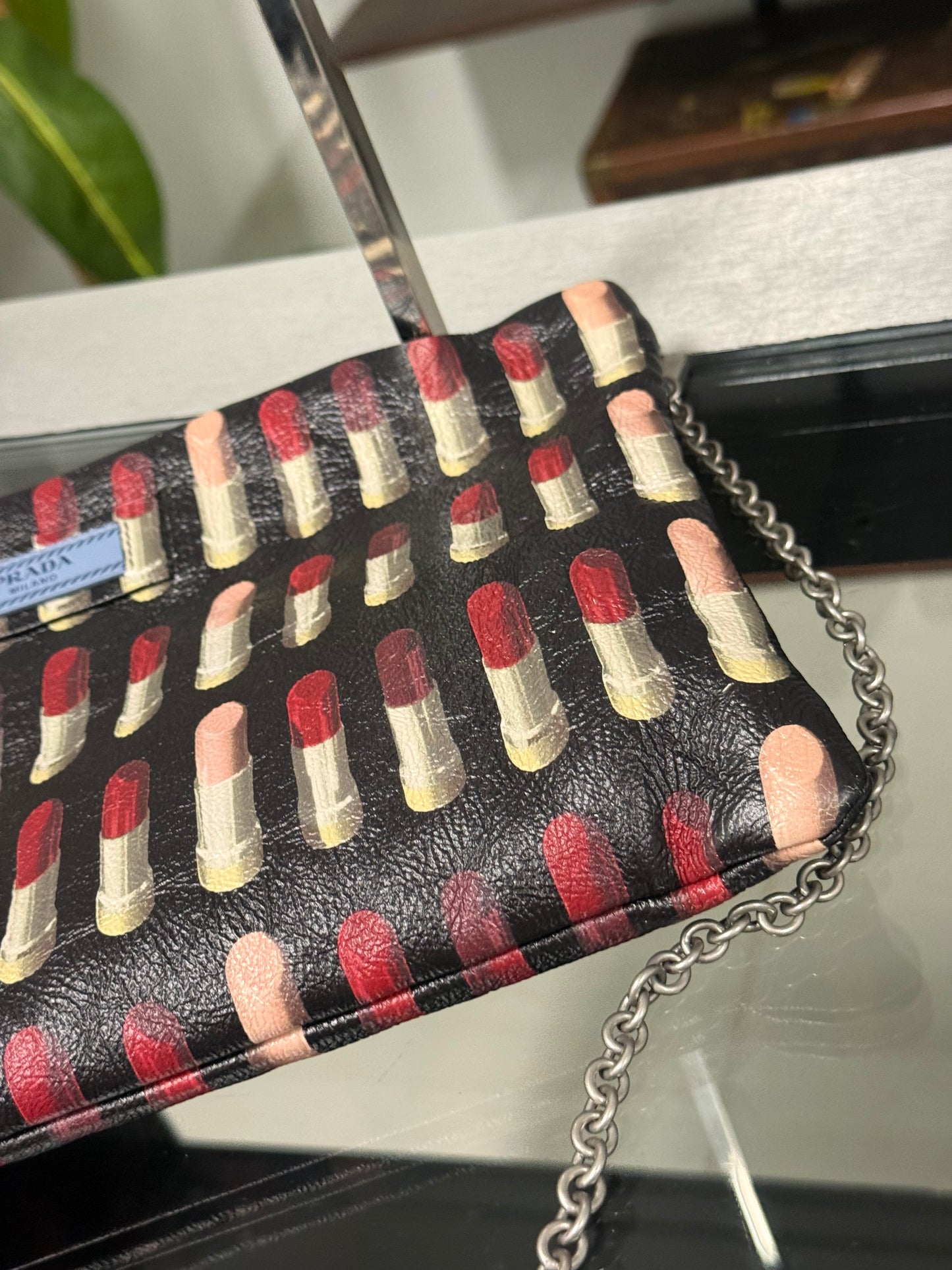 Prada Lipstick Print Black and Red Leather Clutch Chain Shoulder Bag 1BF060