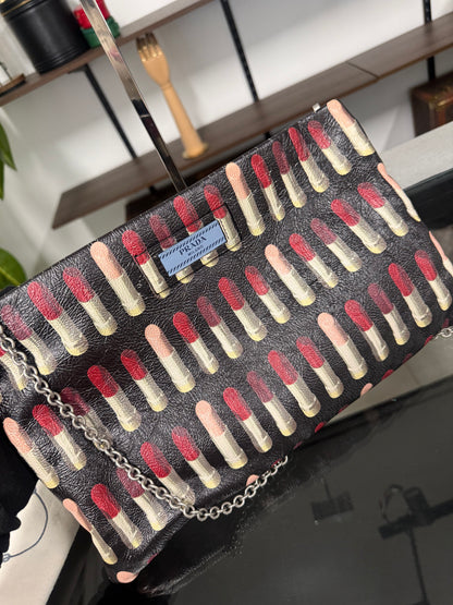 Prada Lipstick Print Black and Red Leather Clutch Chain Shoulder Bag 1BF060
