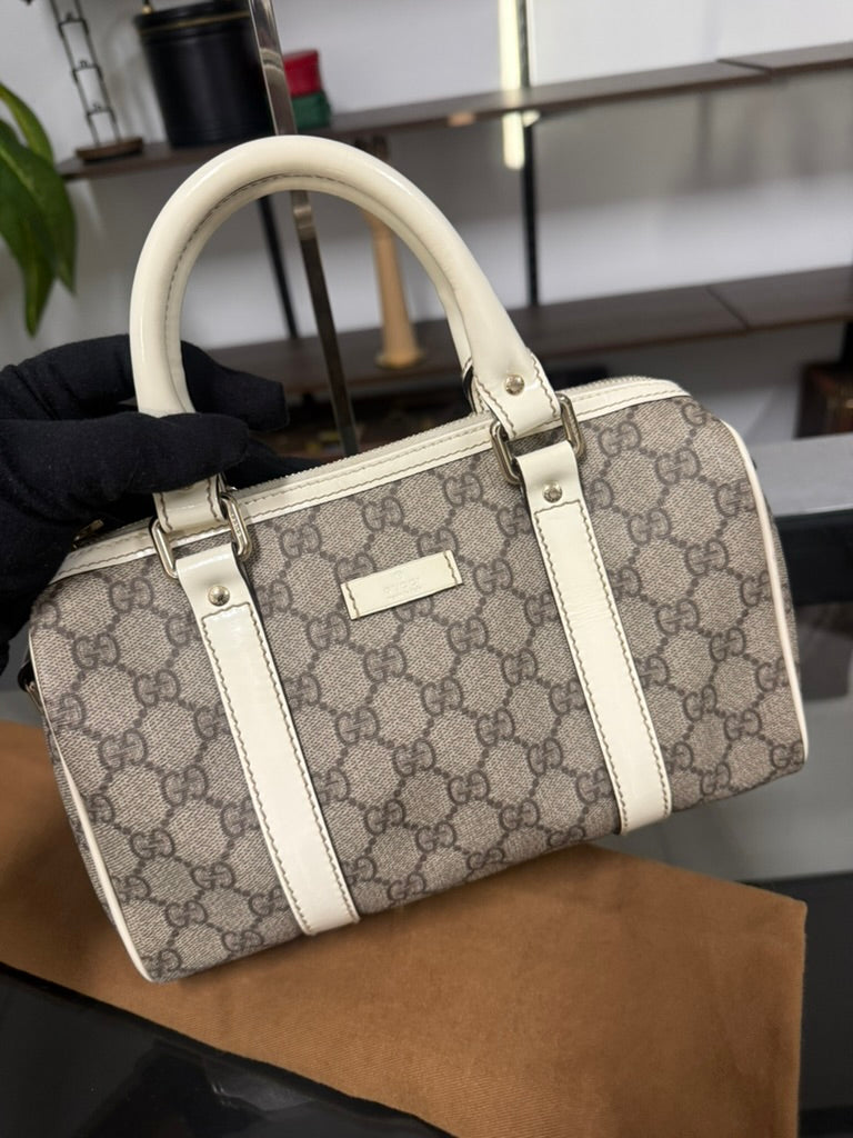 Gucci GG Mini Boston Supreme Handbag Beige Canvas White Patent Leather