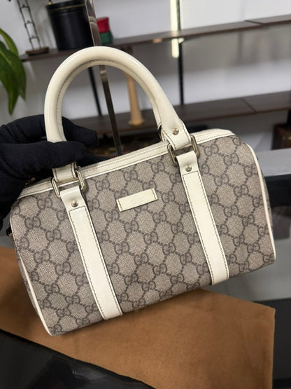 Gucci GG Mini Boston Supreme Handbag Beige Canvas White Patent Leather