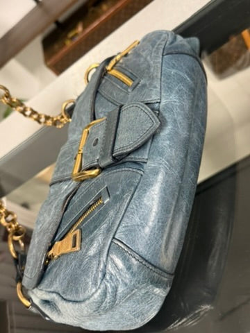 Prada Blue Leather Chain Shoulder Bag with Gold-Tone Hardware