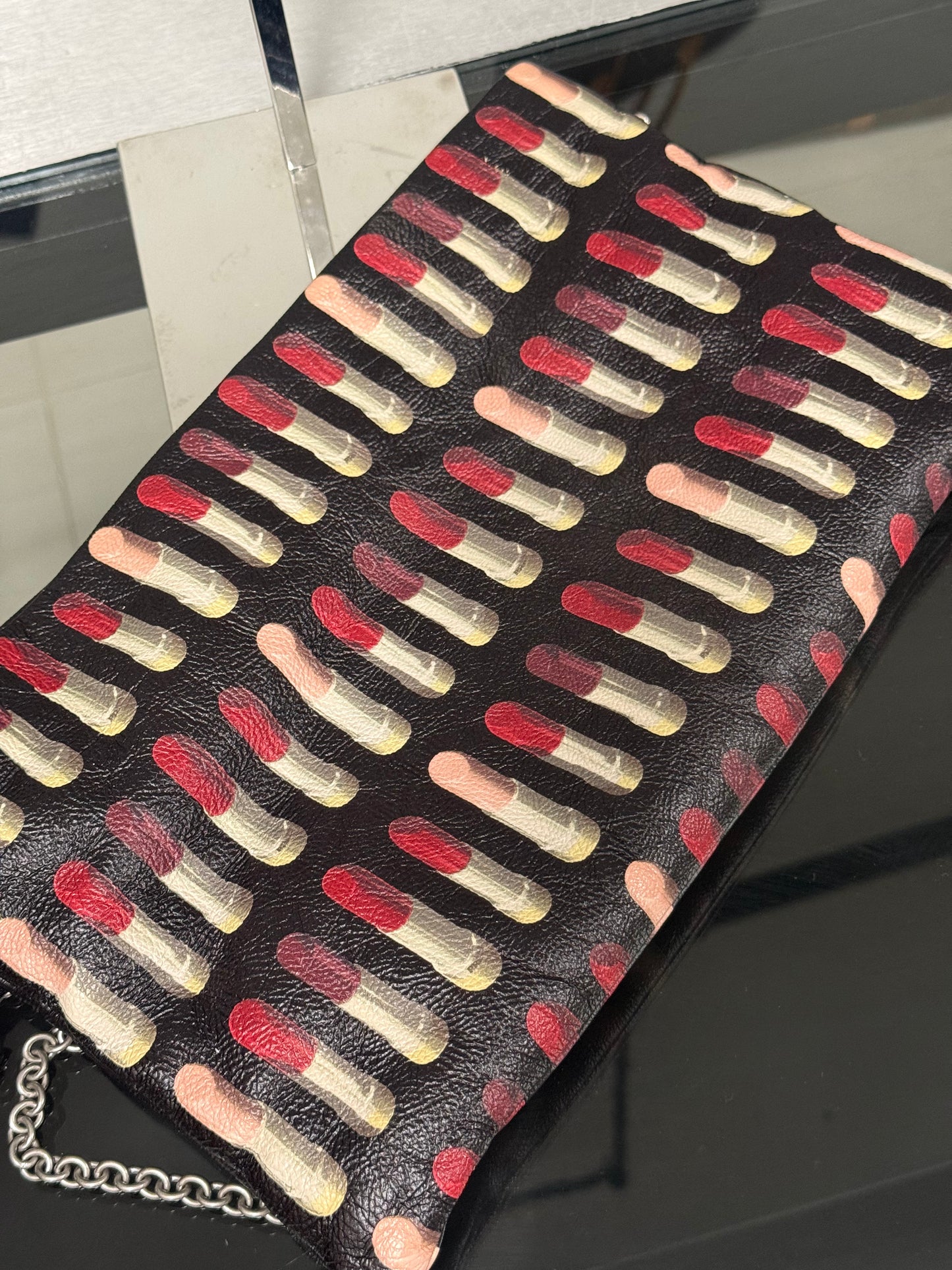 Prada Lipstick Print Black and Red Leather Clutch Chain Shoulder Bag 1BF060