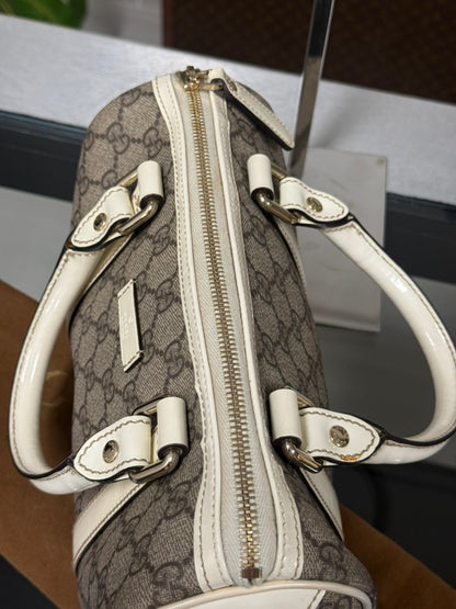 Gucci GG Mini Boston Supreme Handbag Beige Canvas White Patent Leather