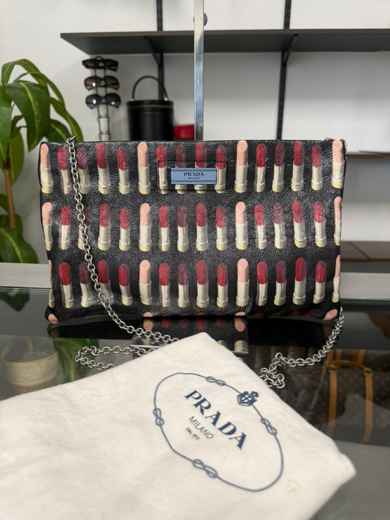 Prada Lipstick Print Black and Red Leather Clutch Chain Shoulder Bag 1BF060