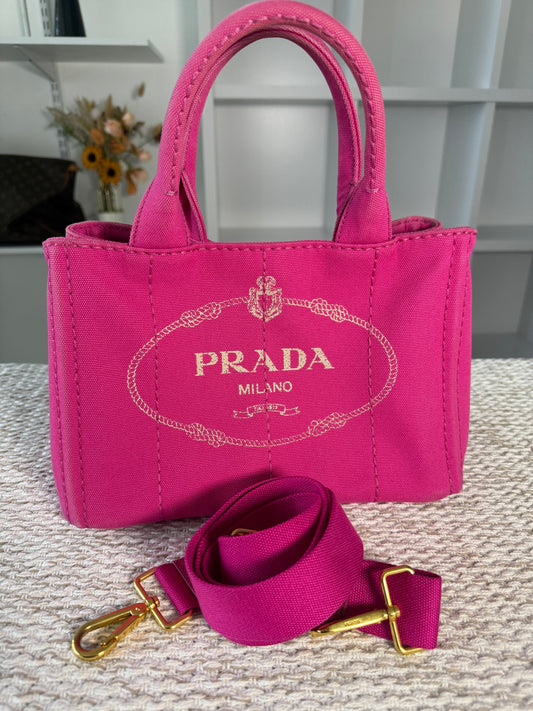 PRADA PINK CANAPA CANVAS LOGO-PRINT SMALL TOTE BAG