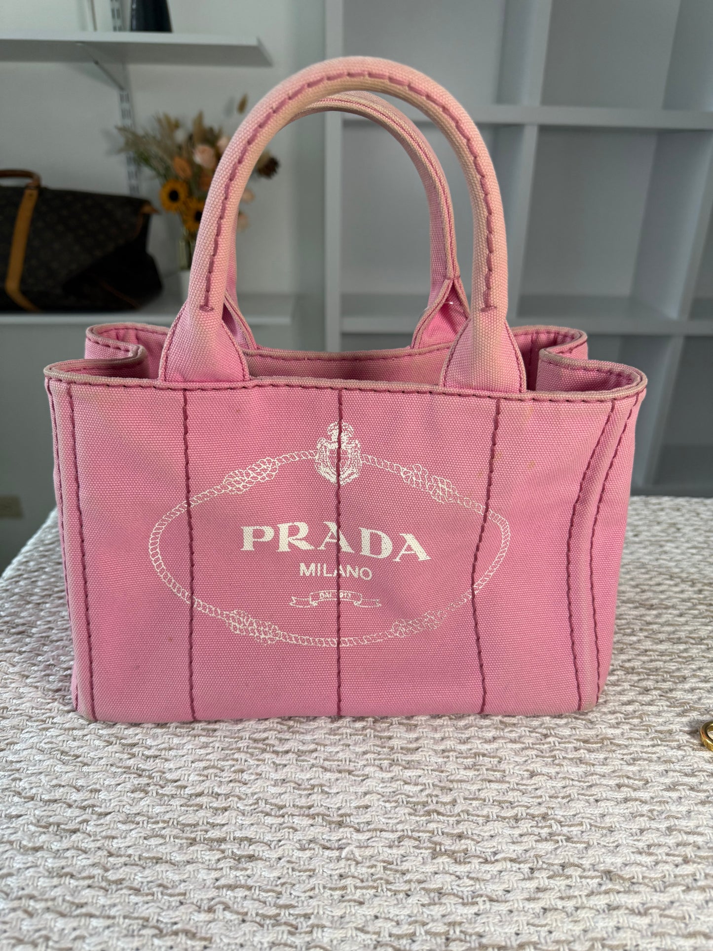 PRADA PINK CANAPA CANVAS LOGO-PRINT SMALL TOTE BAG