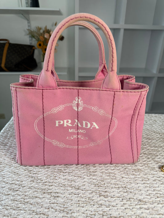 PRADA PINK CANAPA CANVAS LOGO-PRINT SMALL TOTE BAG