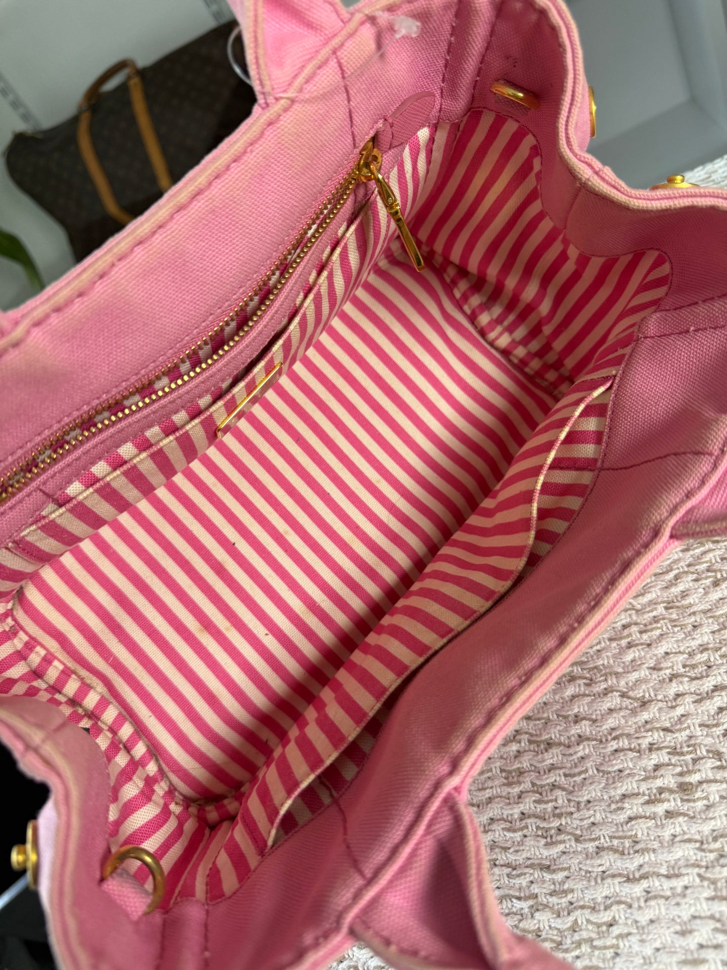 PRADA PINK CANAPA CANVAS LOGO-PRINT SMALL TOTE BAG