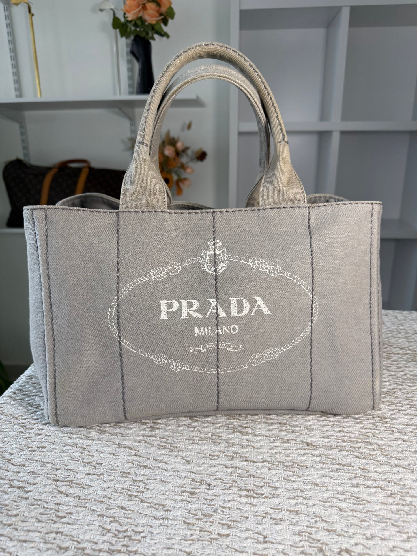 PRADA CANAPA TOTE BAG IN GREY DENIM CANVAS