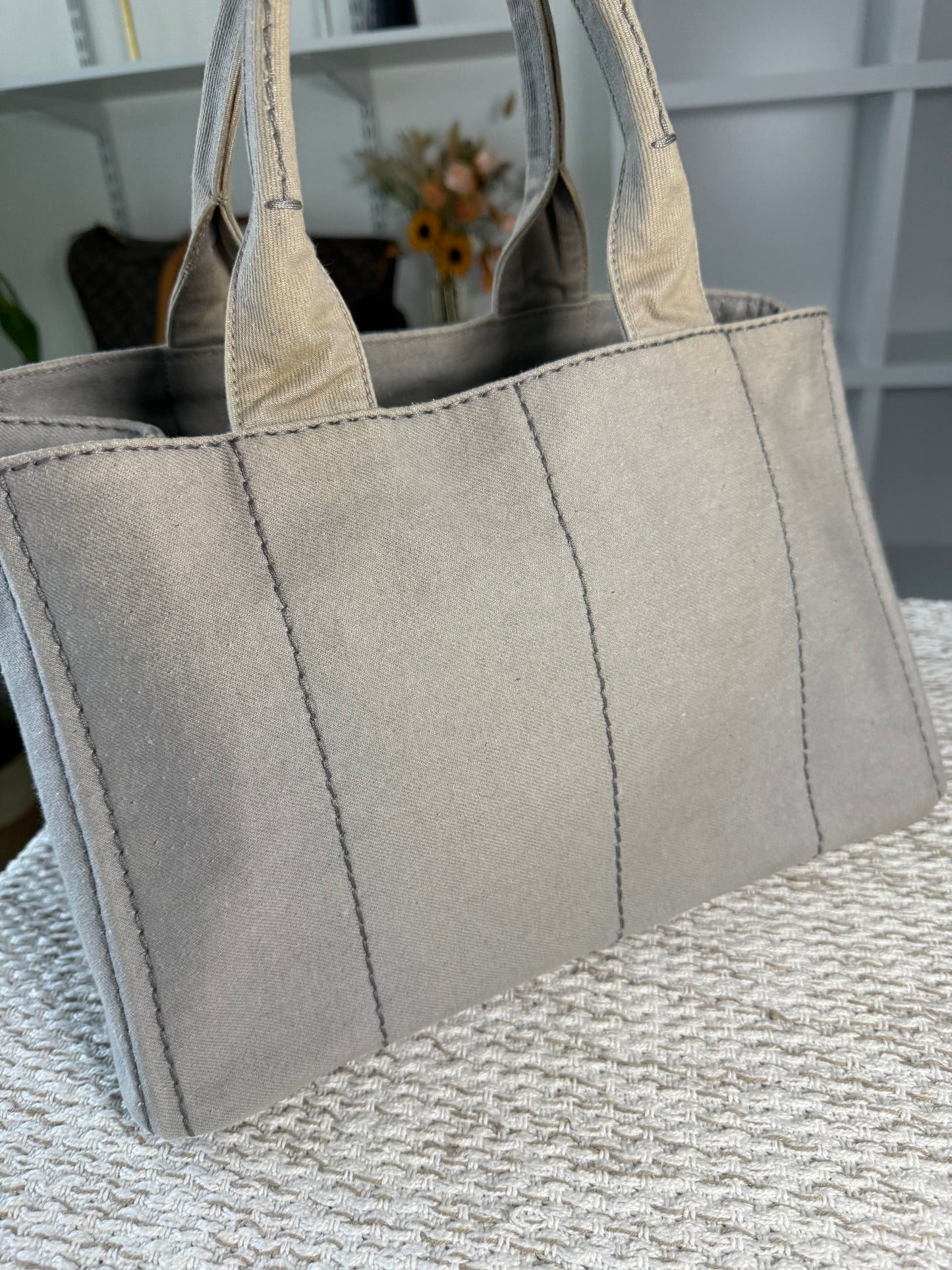 PRADA CANAPA TOTE BAG IN GREY DENIM CANVAS
