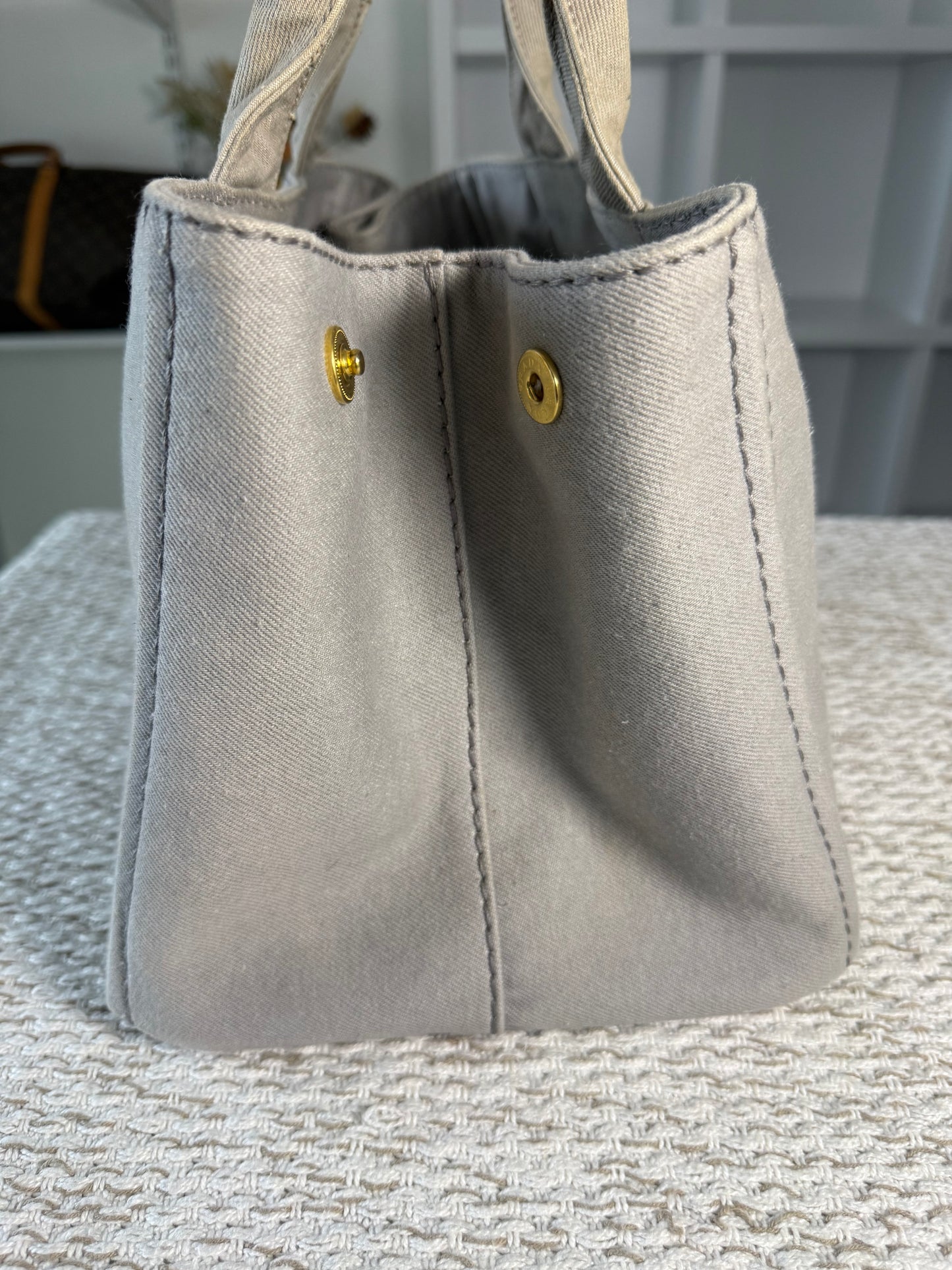 PRADA CANAPA TOTE BAG IN GREY DENIM CANVAS