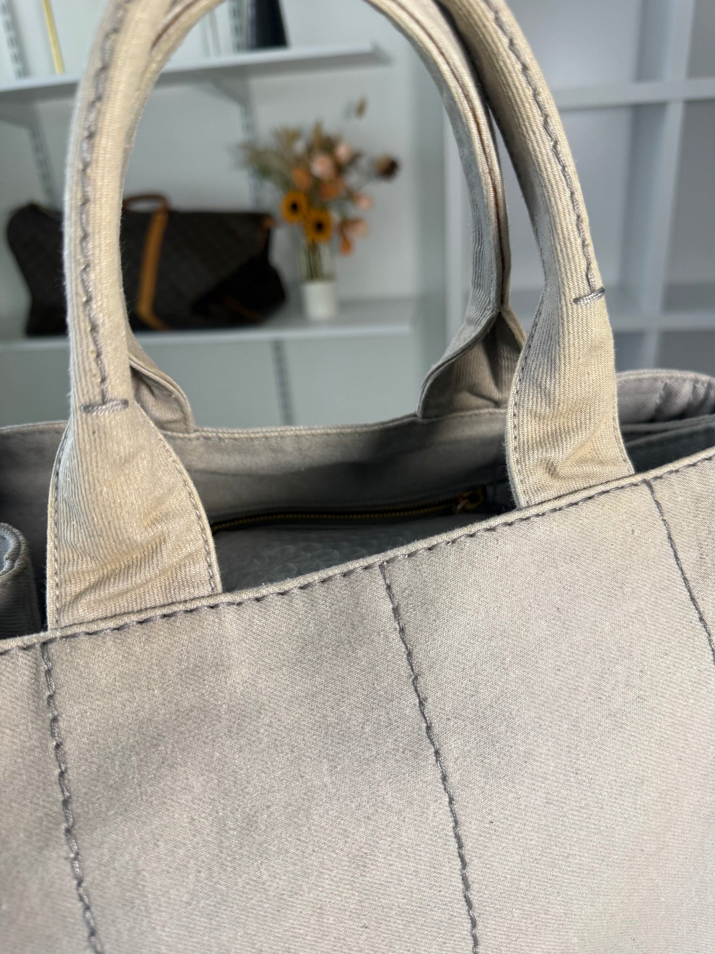 PRADA CANAPA TOTE BAG IN GREY DENIM CANVAS