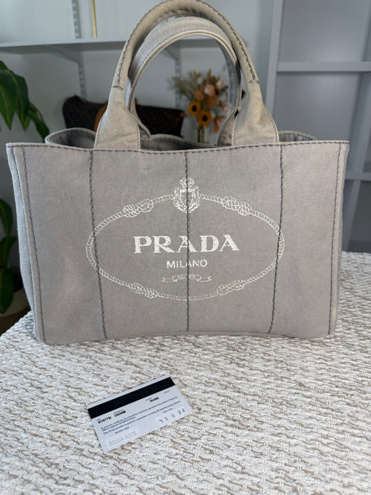PRADA CANAPA TOTE BAG IN GREY DENIM CANVAS
