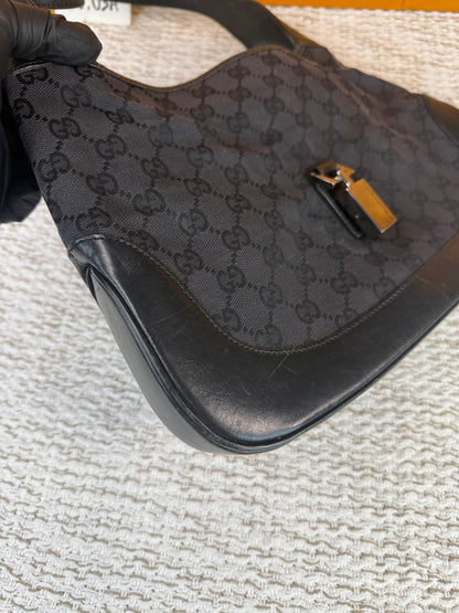Vintage Jackie-O Black GG Canvas Leather Hobo Bag