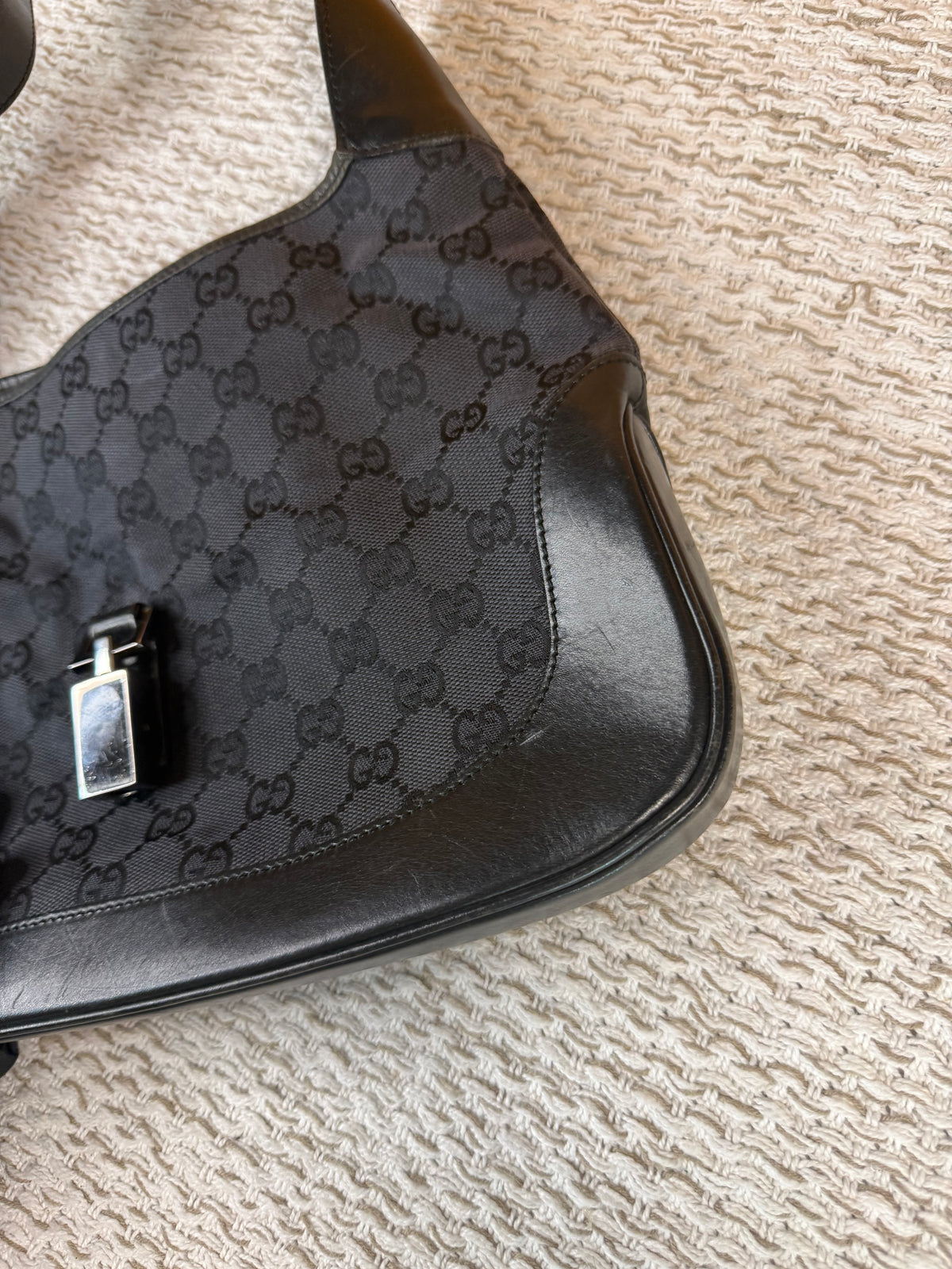 Vintage Jackie-O Black GG Canvas Leather Hobo Bag