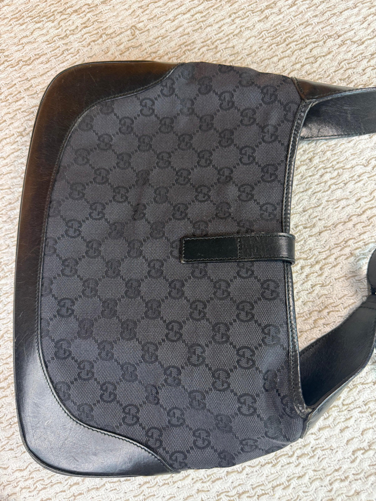 Vintage Jackie-O Black GG Canvas Leather Hobo Bag
