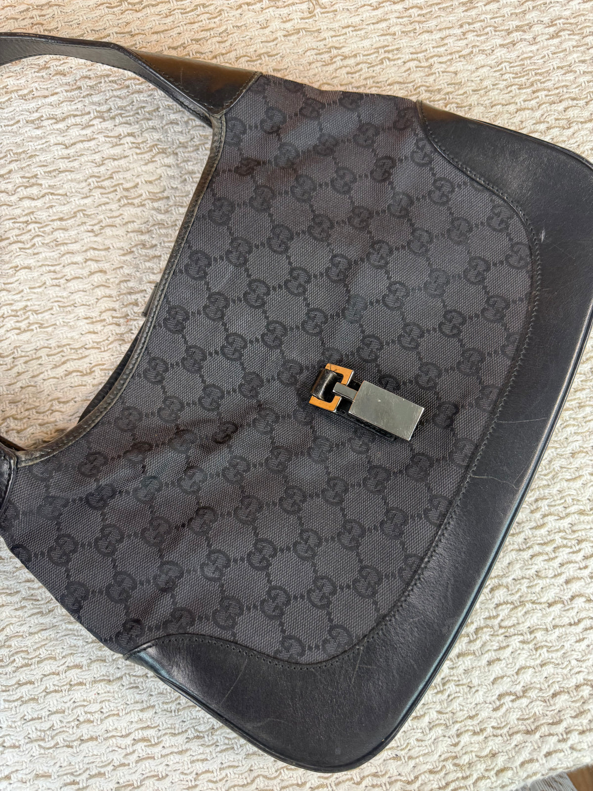 Vintage Jackie-O Black GG Canvas Leather Hobo Bag