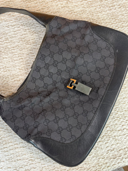 Vintage Jackie-O Black GG Canvas Leather Hobo Bag