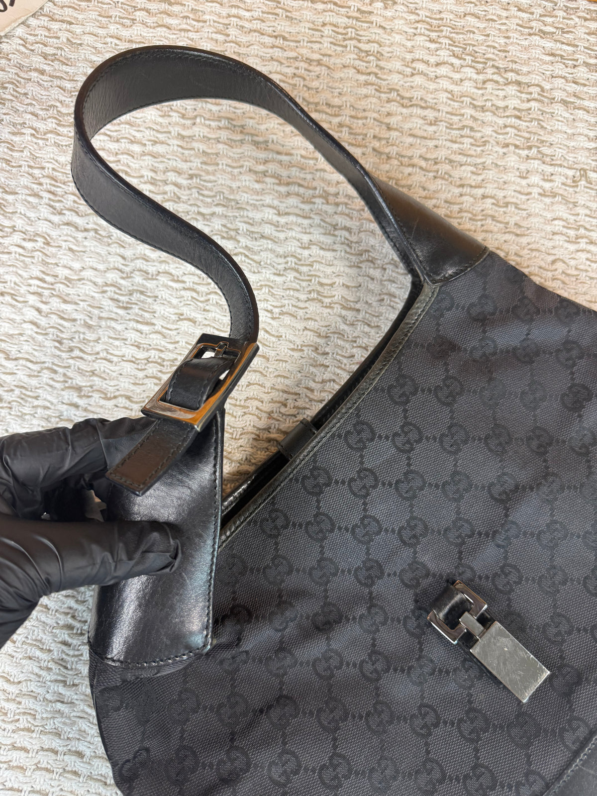 Vintage Jackie-O Black GG Canvas Leather Hobo Bag