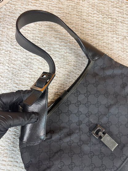 Vintage Jackie-O Black GG Canvas Leather Hobo Bag